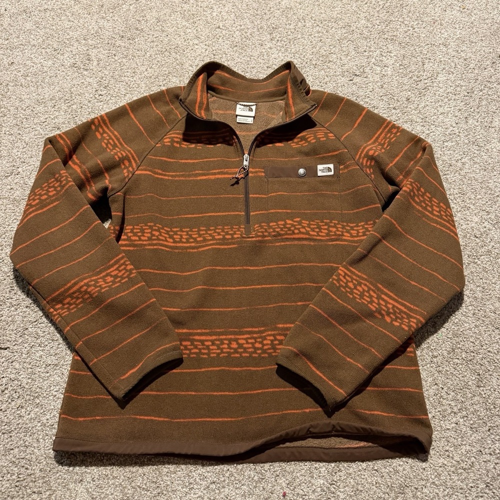 North Face Quarter Zip Pullover Brown Orange Pattern Fleece Sweater Men's SZ M